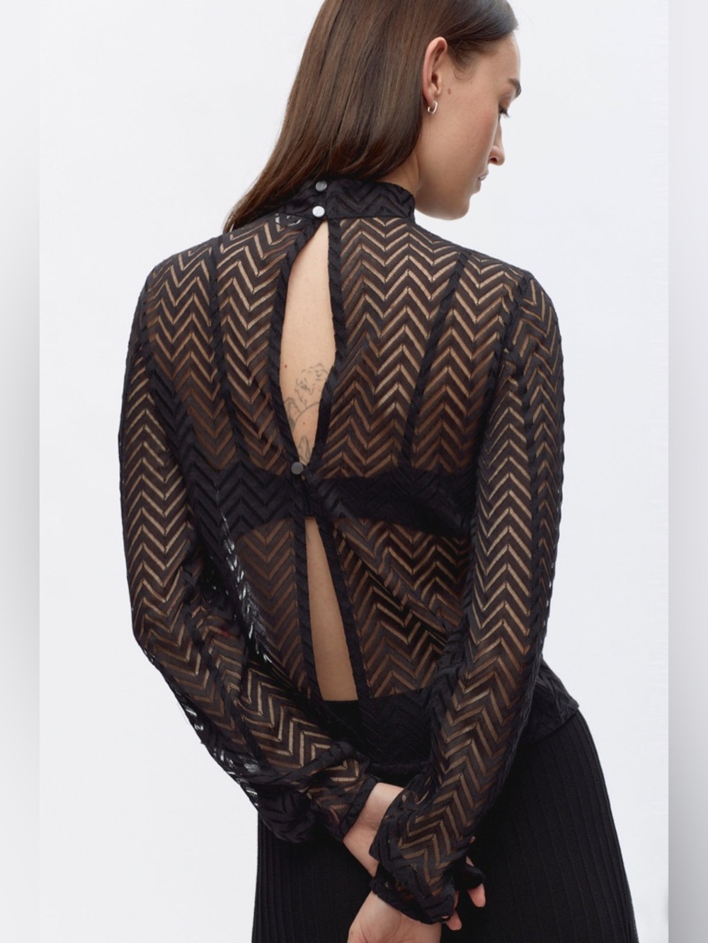 KOTN Black Sheer Chevron Long-Sleeve Top - Picture 2 of 8